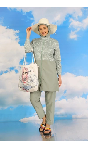 Moda Çizgi Kadın Pantolonlu Desenli Tam Tesettür Mayo Su Yeşili 31074