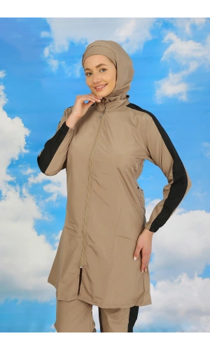 Moda Çizgi Kadın Pantolonlu Kolu Şeritli Tam Tesettür Mayo Bej 31066