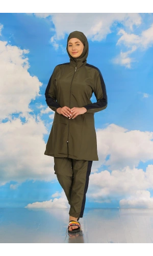 Moda Çizgi Kadın Pantolonlu Kolu Şeritli Tam Tesettür Mayo Haki 31066