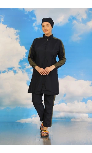 Moda Çizgi Kadın Pantolonlu Kolu Şeritli Tam Tesettür Mayo Lacivert 31065