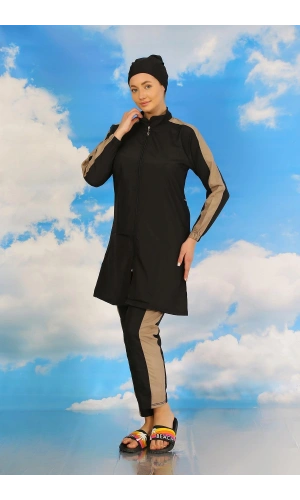 Moda Çizgi Kadın Pantolonlu Kolu Şeritli Tam Tesettür Mayo Siyah 31065