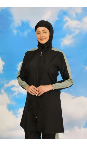 Moda Çizgi Kadın Pantolonlu Kolu Şeritli Tam Tesettür Mayo Siyah 31066