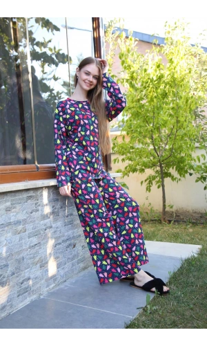 Moda Çizgi Kadın Penye Bol Paça Pijama Takım 4123