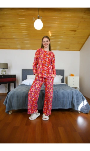 moda çizgi Kadın Penye Bol Paça Pijama Takım 4127