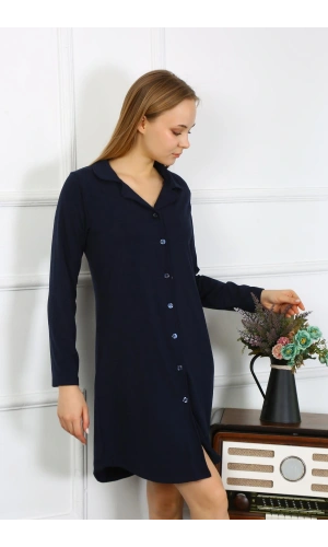 Moda Çizgi Kadın Penye Uzun Kol Düğmeli Lacivert Tunik Gecelik 13103