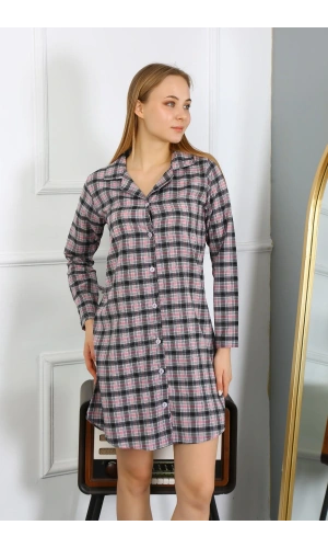 Moda Çizgi Kadın Penye Uzun Kol Düğmeli Siyah Tunik Gecelik 13102