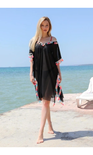 Moda Çizgi Kadın Püsküllü Tunik Pareo Plaj Elbisesi Siyah 38048