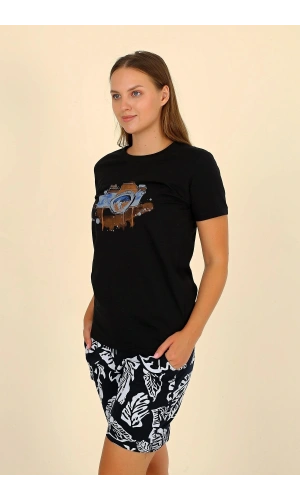 Moda Çizgi Kadın Şortlu Kısa Kol Penye Pijama Takım Siyah 3622