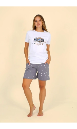 Moda Çizgi Kadın Şortlu Kısa Kol Penye Pijama Takımı Beyaz 3622