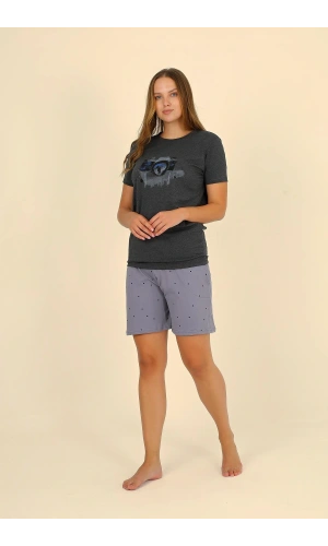 Moda Çizgi Kadın Şortlu Kısa Kol Penye Pijama Takımı Füme 3622