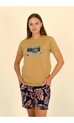 Moda Çizgi Kadın Şortlu Kısa Kol Penye Pijama Takımı Hardal 3622