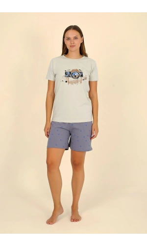 Moda Çizgi Kadın Şortlu Kısa Kol Penye Pijama Takımı Krem 3622