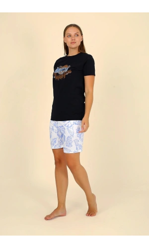 Moda Çizgi Kadın Şortlu Kısa Kol Penye Pijama Takımı Siyah 3624