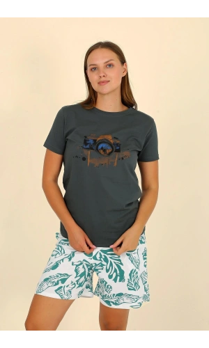 Moda Çizgi Kadın Şortlu Kısa Kol Penye Pijama Takımı Yeşil 3625