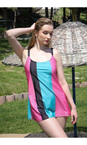 Moda Çizgi Kadın Şortlu Tankini Elbise Mayo Pembe 36001