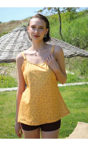 Moda Çizgi Kadın Şortlu Tankini Elbise Mayo Sarı 36001