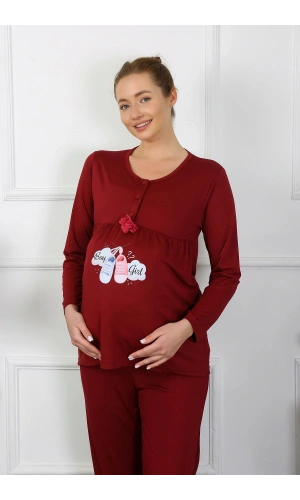 Moda Çizgi Kadın Uzun Kol Hamile Lohusa Pijama Takımı Bordo 45501