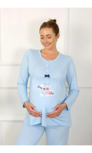 Moda Çizgi Kadın Uzun Kol Hamile Lohusa Pijama Takımı Mavi 45501