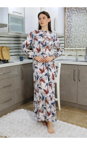 Moda Çizgi Kadın Uzun Kol Penye Gecelik Ev Elbisesi Krem 25500