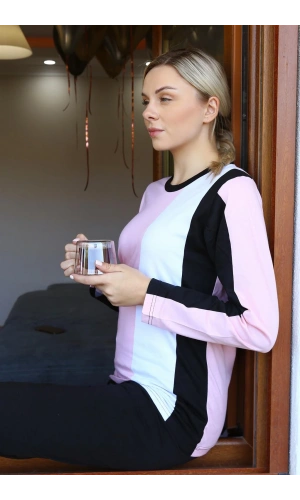 Moda Çizgi Kadın Uzun Kol Penye Pijama Takım 4173