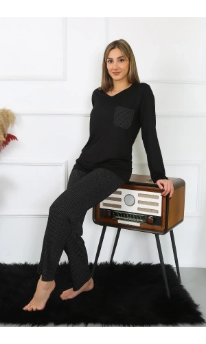 moda çizgi Kadın Uzun Kol Penye Pijama Takım 4193