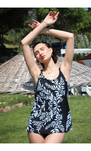 Moda Çizgi Kadın Yüksek Bel Slipli Tankini Elbise Mayo Siyah 36001