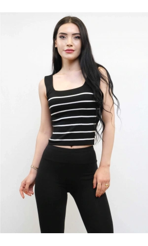 Moda Çizgi Kare Yaka Çizgili Triko Bluz Siyah