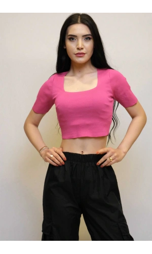 Moda Çizgi Kare Yaka Triko Crop Fuşya