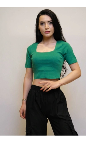 Moda Çizgi Kare Yaka Triko Crop Yeşil