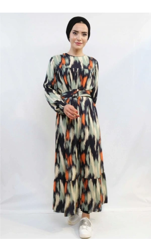 Moda Çizgi Karışık Desen Elbise Mint