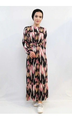 Moda Çizgi Karışık Desen Elbise Pudra