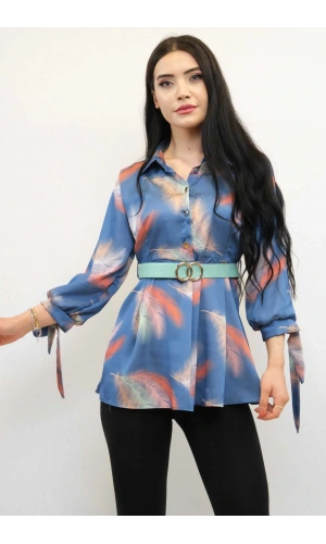 Moda Çizgi Kemerli Gömlek Tunik İndigo