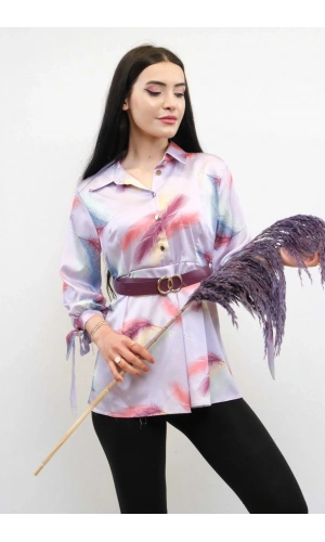 Moda Çizgi Kemerli Gömlek Tunik Lila
