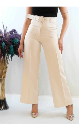 Moda Çizgi Kemerli Pantolon Beyaz