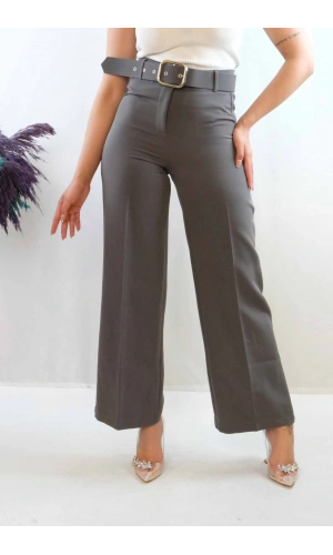Moda Çizgi Kemerli Pantolon Füme