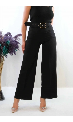 Moda Çizgi Kemerli Pantolon Siyah