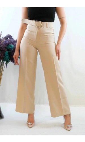 Moda Çizgi Kemerli Pantolon Taş