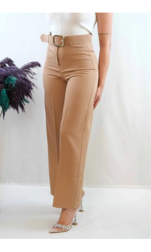 Moda Çizgi Kemerli Pantolon Vizon