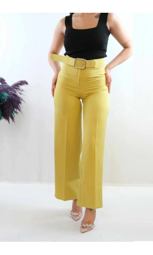 Moda Çizgi Kemerli Pantolon Yağ Yeşili