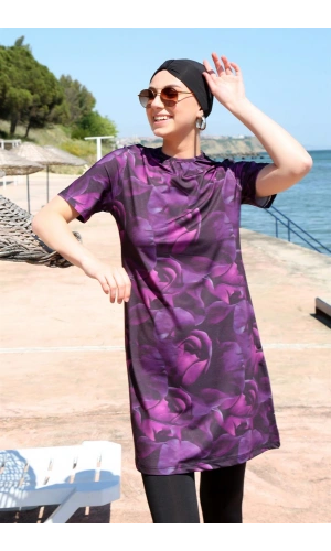 Moda Çizgi Kısa Kol Güllü Yarım Tesettür Mayo 33014