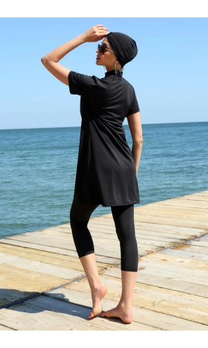 Moda Çizgi Kısa Kol Siyah Yarım Tesettür Mayo 33015