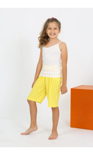 Moda Çizgi Kız Çocuk İp Askılı Şortlu Penye Beyaz Pijama Takım 20430