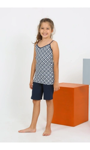 Moda Çizgi Kız Çocuk İp Askılı Şortlu Penye Lacivert Pijama Takım 20430