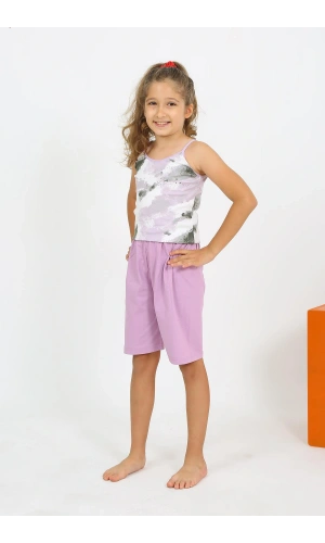 Moda Çizgi Kız Çocuk İp Askılı Şortlu Penye Lila Pijama Takım 20430