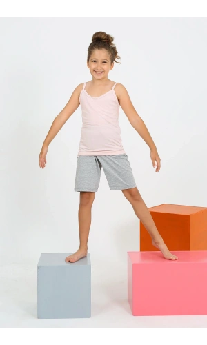 Moda Çizgi Kız Çocuk İp Askılı Şortlu Penye Pembe Pijama Takım 20430