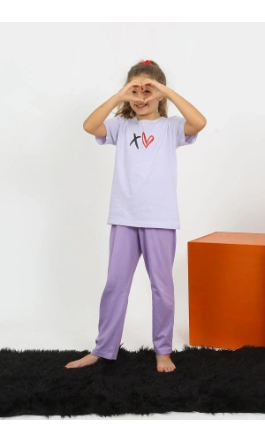 Moda Çizgi Kız Çocuk Kısa Kol Lila Penye Pijama Takım 20432