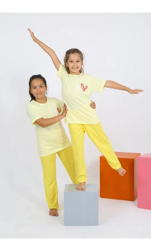 Moda Çizgi Kız Çocuk Kısa Kol Sarı Penye Pijama Takım 20432