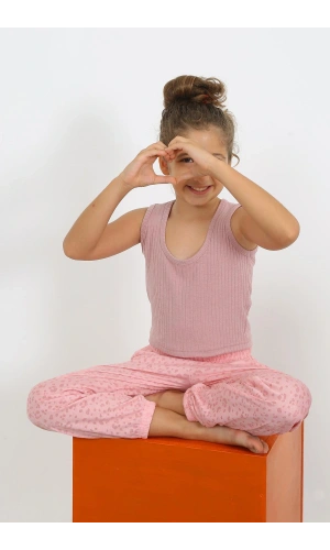 Moda Çizgi Kız Çocuk Sıfır Kol Gül Kurusu Penye Pijama Takım 20433