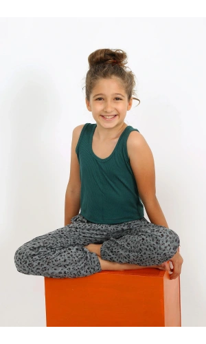 Moda Çizgi Kız Çocuk Sıfır Kol Zümrüt Yeşili Penye Pijama Takım 20433