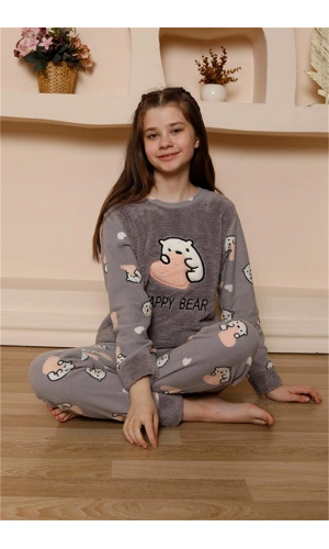 Moda Çizgi Kız Çocuk WelSoft Polar Gri Pijama Takımı 20523